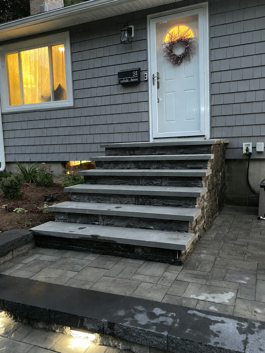 Stone steps before railing installation, Marlborough MA